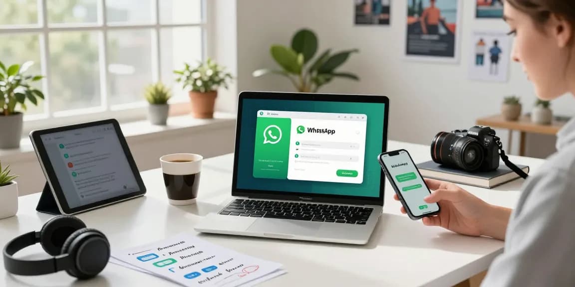 Explore WhatsApp下載 features in a modern workspace, smartphone and laptop setup.