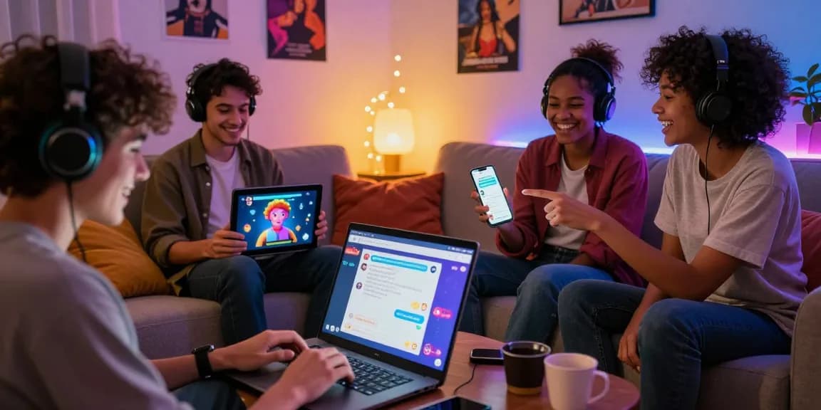 Engaging nsfw chat interaction with users enjoying AI characters in a cozy room filled with colorful lighting.
