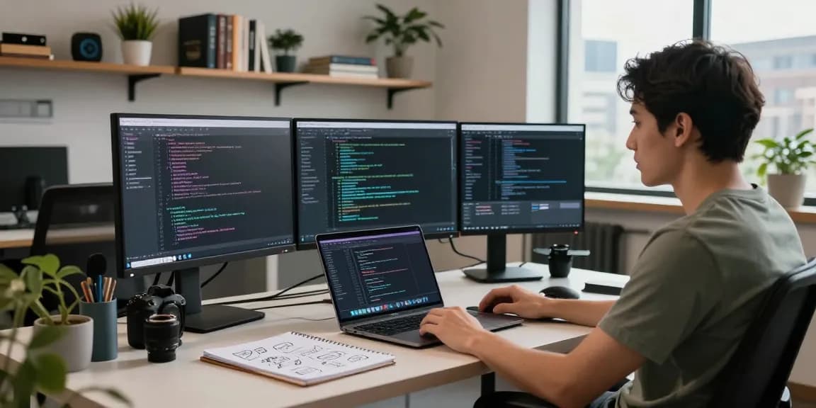 Engineer coding an AI chatbot interface in a modern workspace with multiple monitors and urban views.