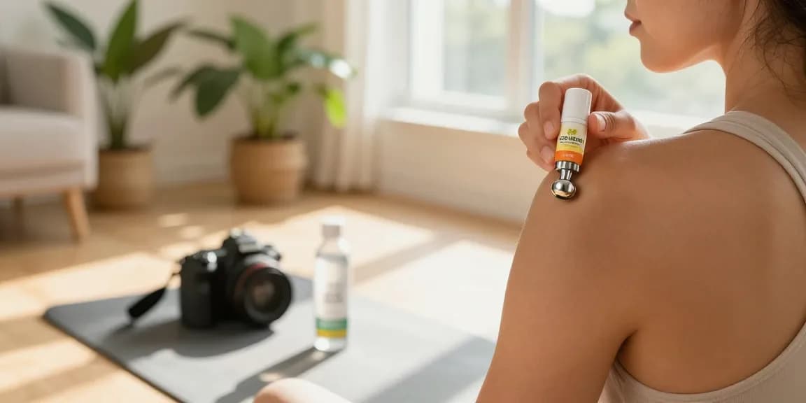 Applying CBD North's cbd roll on for targeted muscle relief in a serene wellness setting with natural light and green plants.