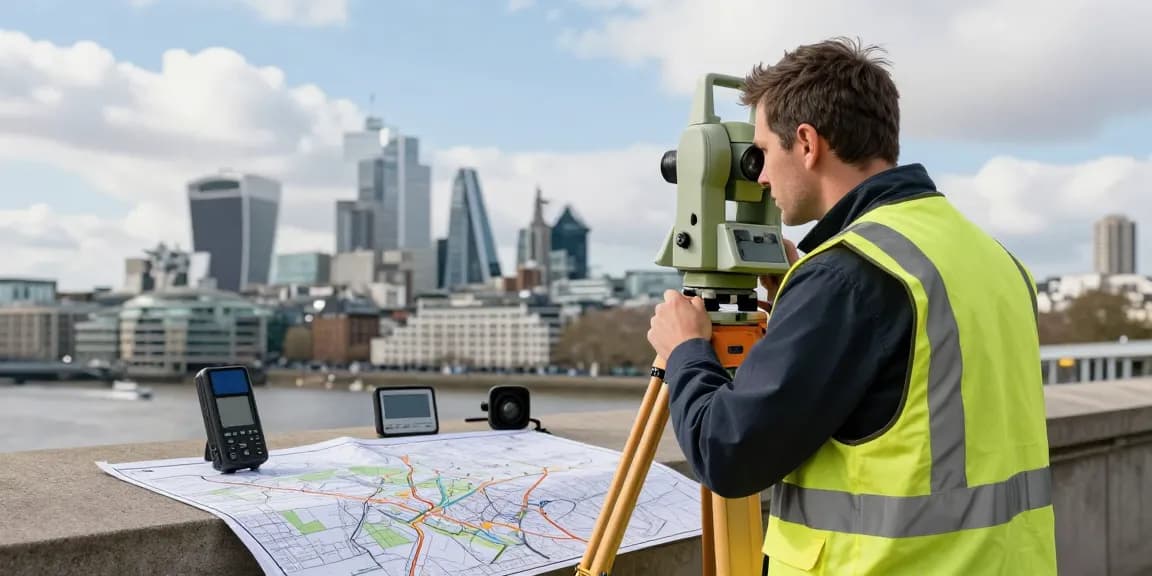 Surveyor performing topographical land surveys London with advanced equipment.