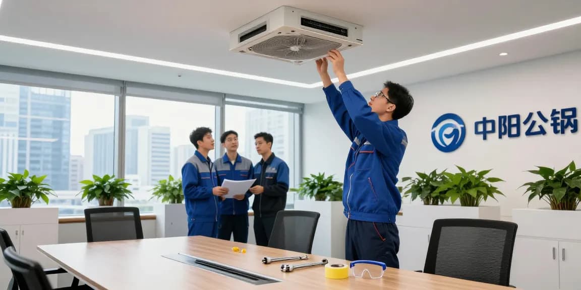 Commercial maintenance contractors inspecting HVAC systems in a modern office environment.