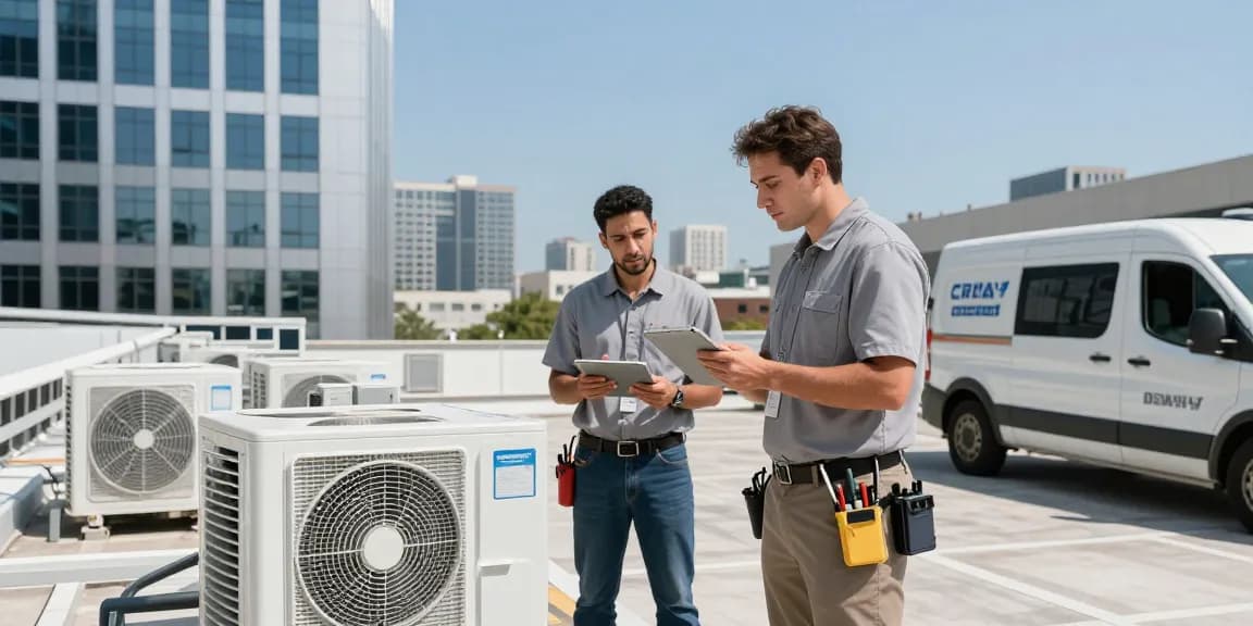 Commercial maintenance contractors inspecting HVAC systems on a roof, showcasing professional facility maintenance services.