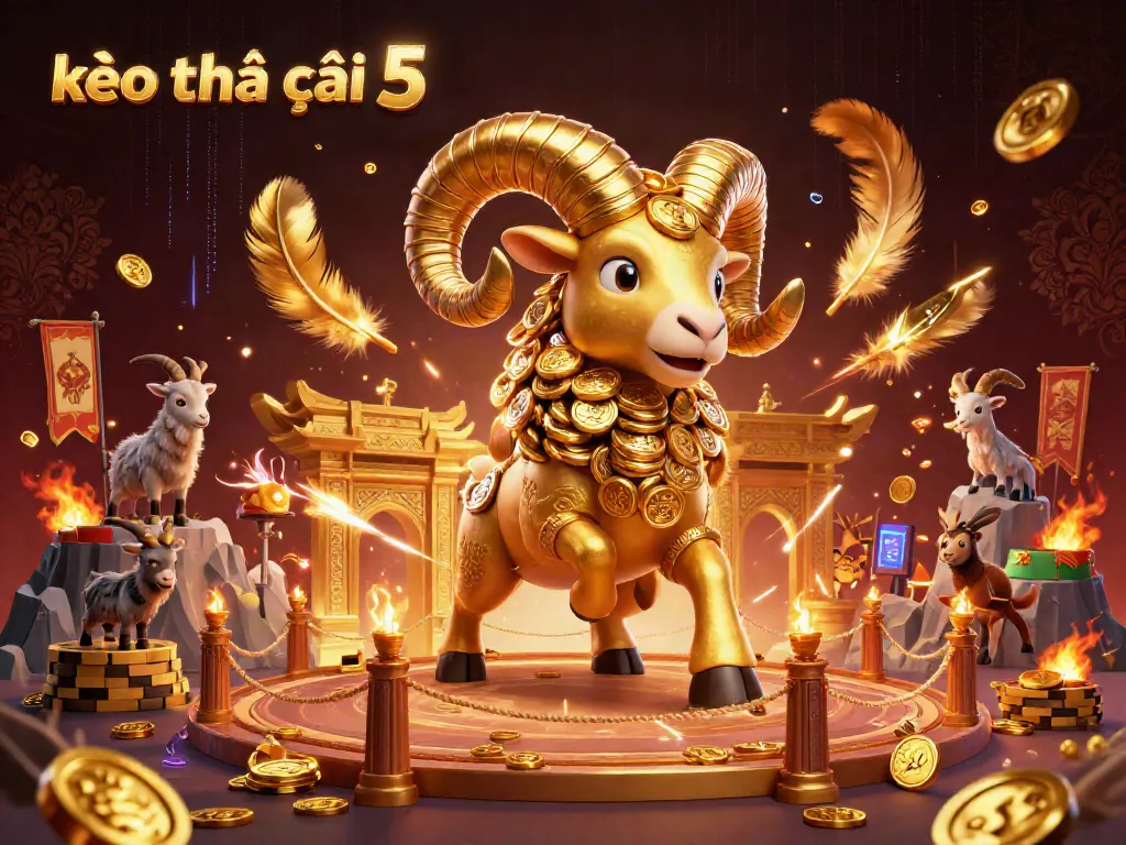 Bet on success with kèo nhà cái 5, featuring a charging golden ram amidst dynamic gambling elements.