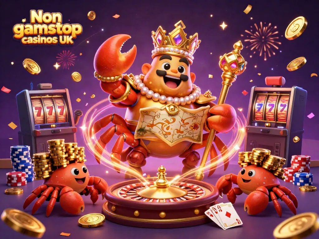 Explore Non gamstop casinos UK in a vibrant 3D illustration showcasing a golden crab emperor and gambling elements.