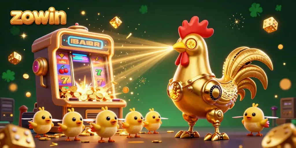 Experience the excitement of zowin with a dynamic casino scene featuring a golden rooster robot and baby chick drones.