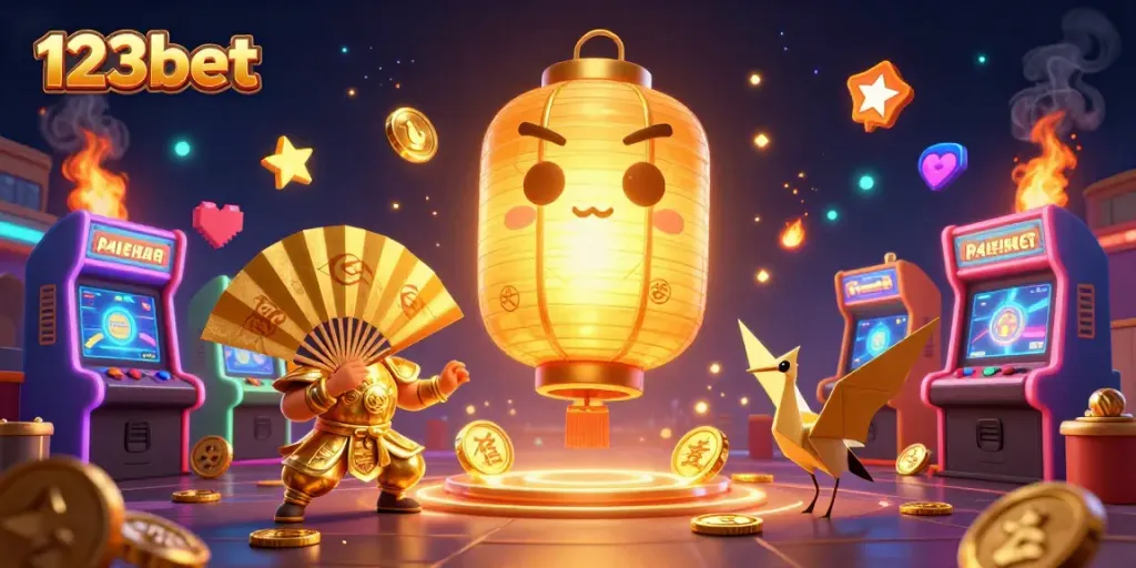 Play at 123bet with a rich casino atmosphere featuring glowing lanterns and vibrant game elements.