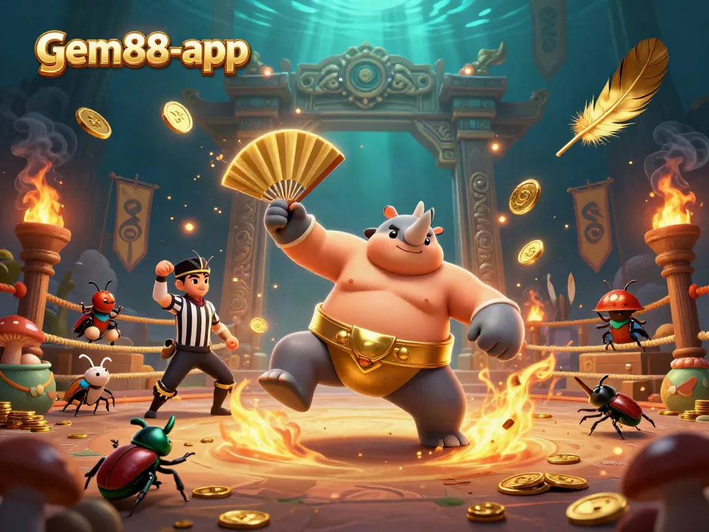 Experience excitement at gem88-app with a vibrant scene of a beetle sumo champion amidst flying coins.