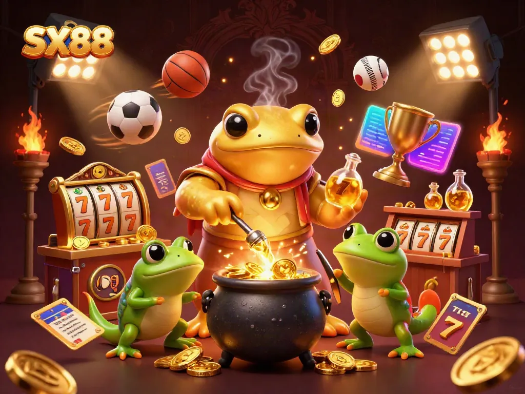 SX88 slot and sports-themed 3D illustration showcasing golden characters and vibrant casino elements in a dynamic scene.