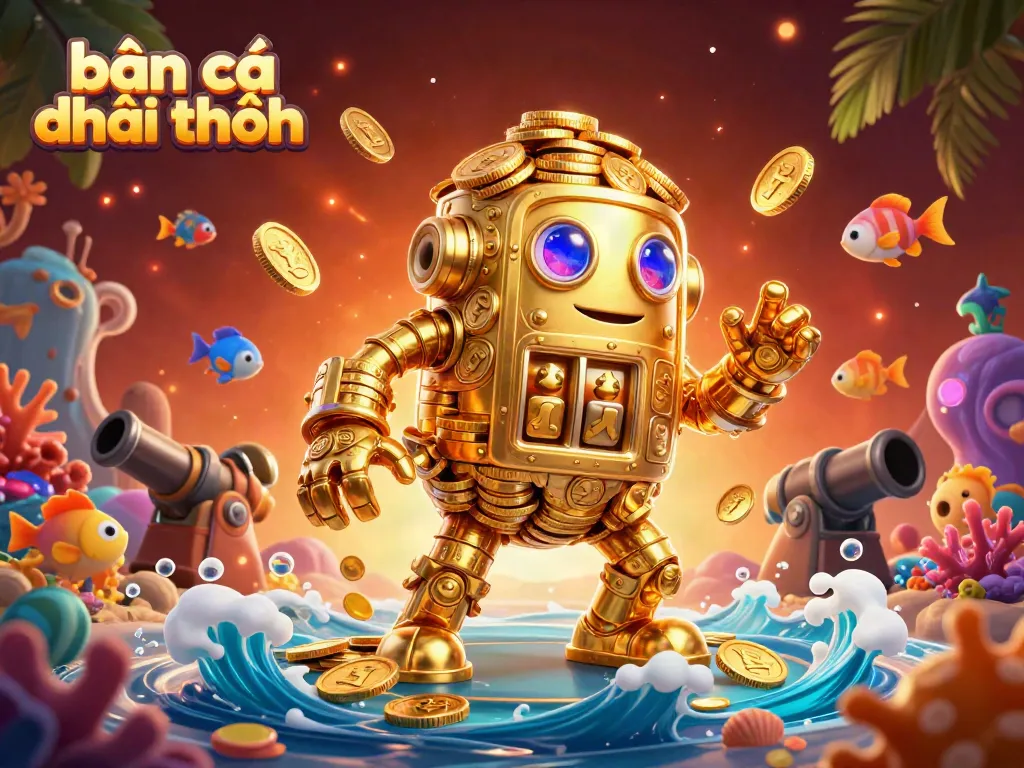 Engage in the bắn cá đổi thưởng experience highlighting a golden golem and fish shooting elements in vivid underwater settings.