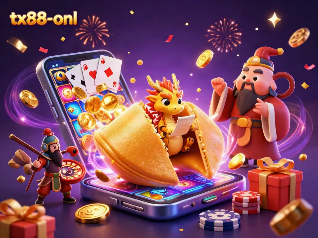 Engage in thrilling games at tx88-onl with vibrant visuals of a golden fortune cookie bursting with excitement.