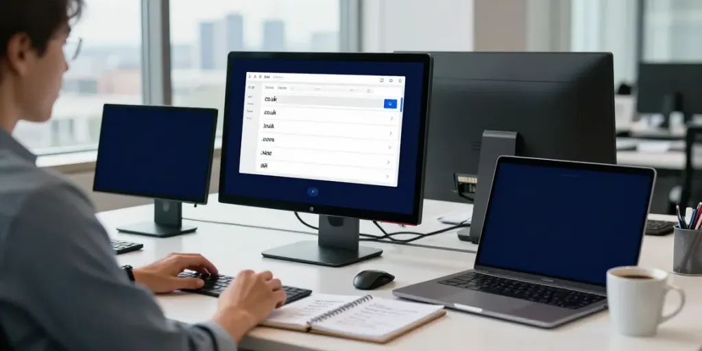 Businessperson engaged in domain registration UK process at a modern office desk.