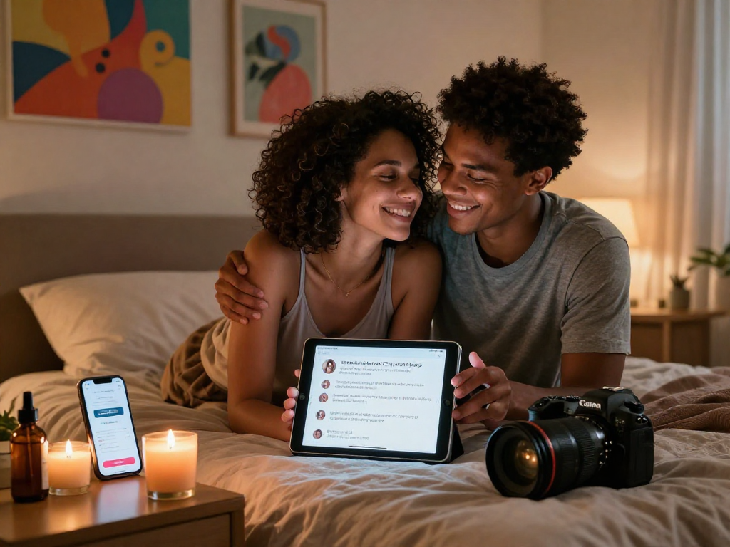 Couple exploring ai sex technology with a tablet in an intimate bedroom.