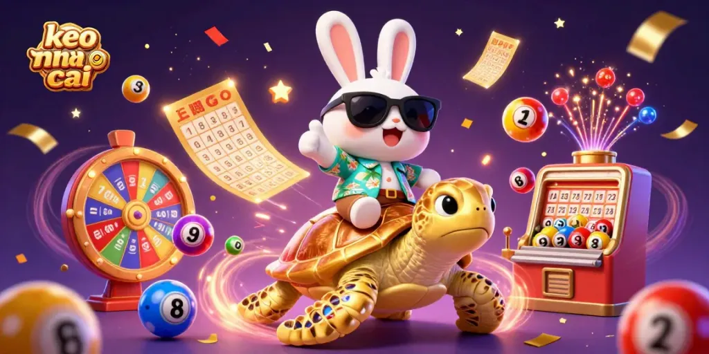 Bet on keo nha cai with a colorful scene featuring a lucky rabbit and golden sea turtle.