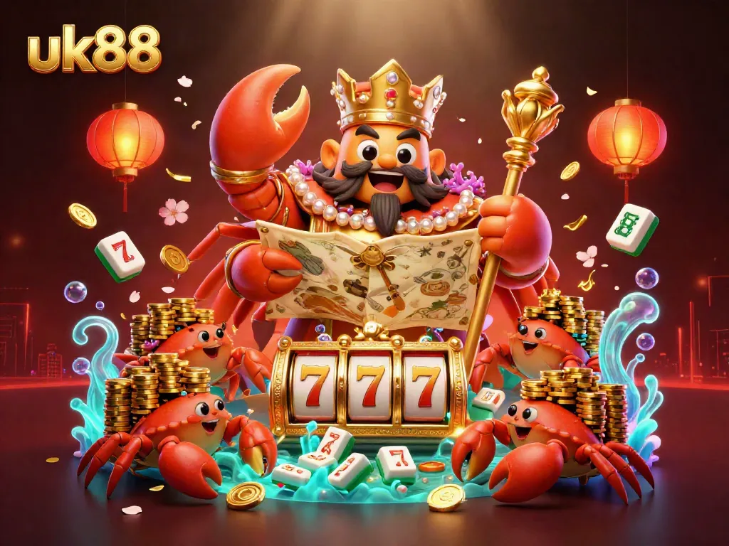 Experience the thrill at uk88 with a dynamic illustration featuring a golden crab emperor and various gambling elements.