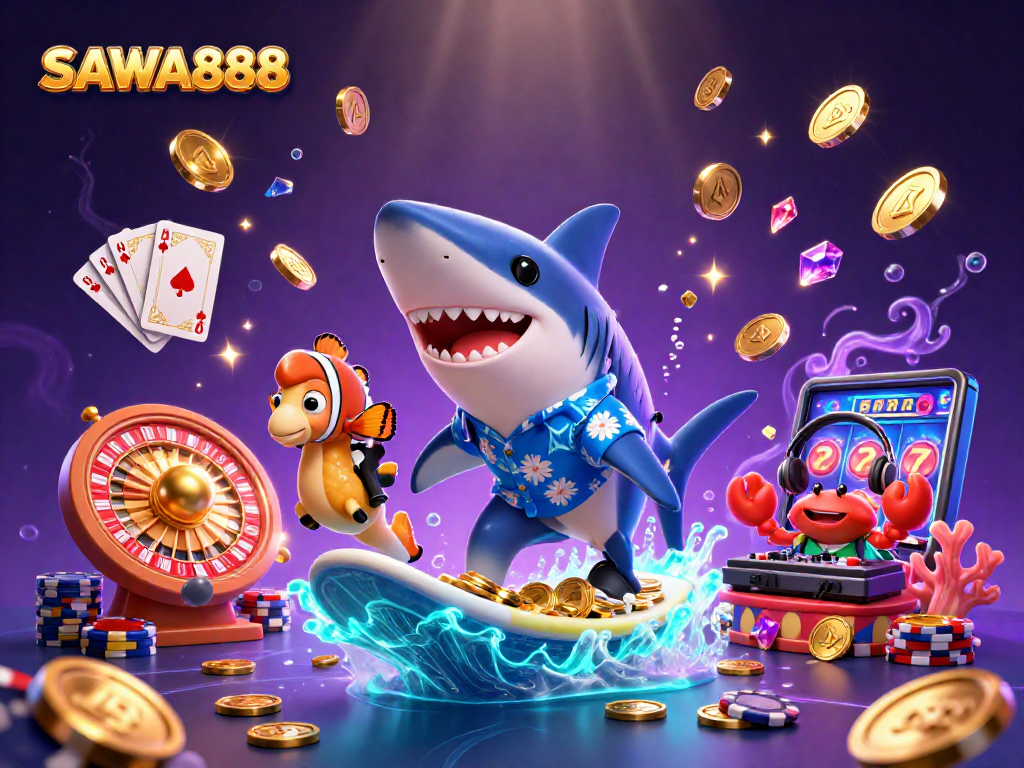 Experience thrilling wins at SAWA888 with a dynamic 3D casino scene featuring vibrant characters and exciting games.