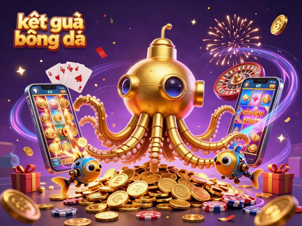 Engage with kết quả bóng đá in a vibrant scene depicting a golden kraken submarine amidst casino elements.