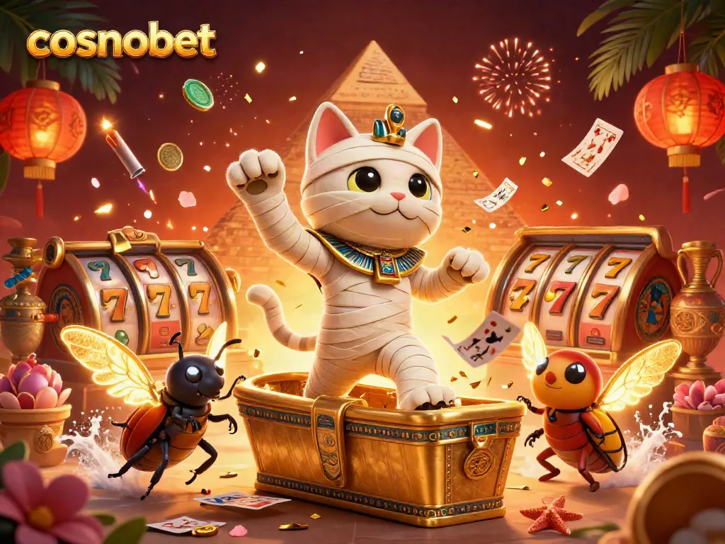 Spin to win at cosmobet with an Egyptian mummy cat and thrilling casino elements!