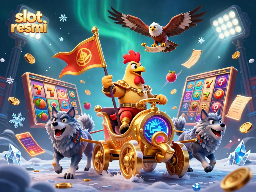 Engage with the thrilling world of slot resmi featuring a cartoon rooster warlord scene with vibrant casino elements.