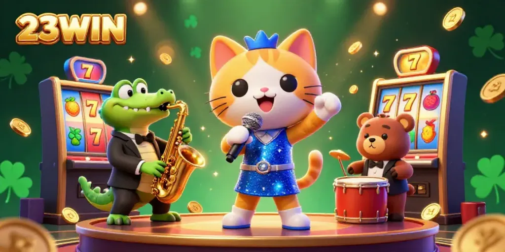 Engage with 23WIN's vibrant casino atmosphere featuring a jazz-singer cat, a saxophone croc, and a bear cub.