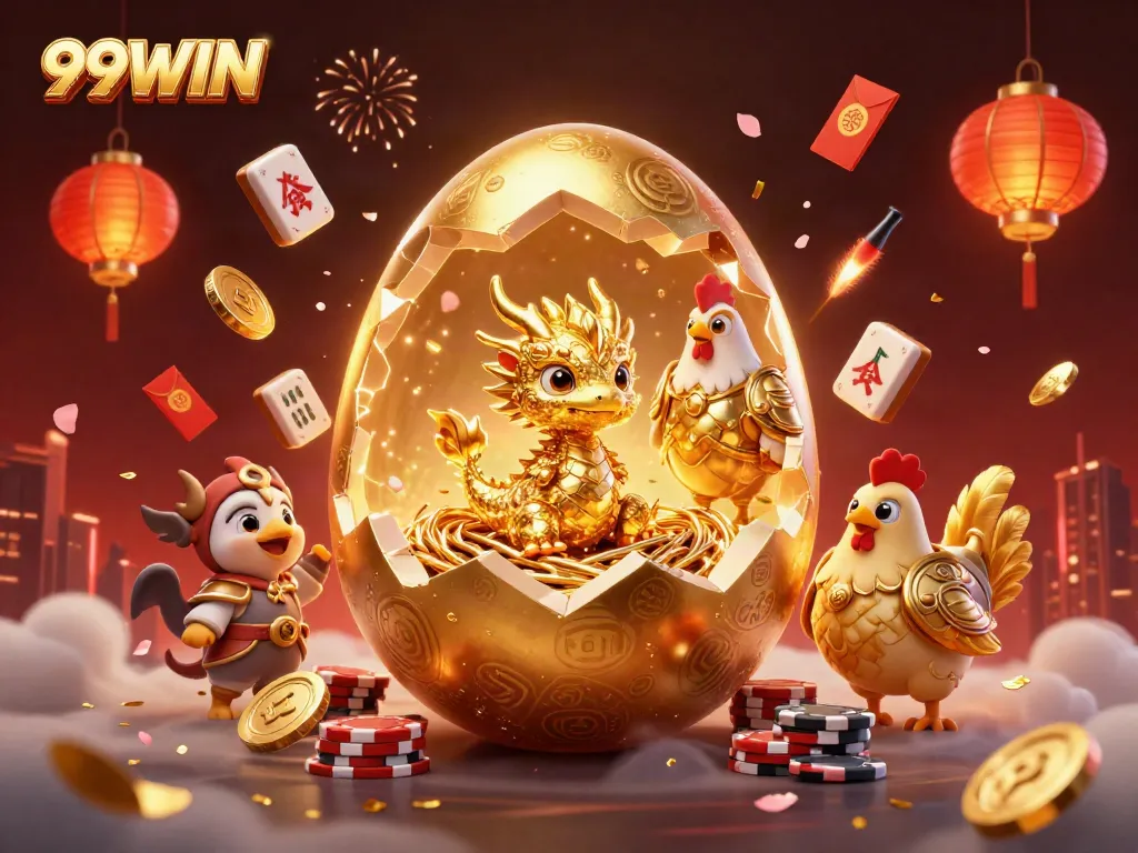 Experience the thrill at 99WIN with a vibrant casino scene featuring festive elements and a golden dragon.