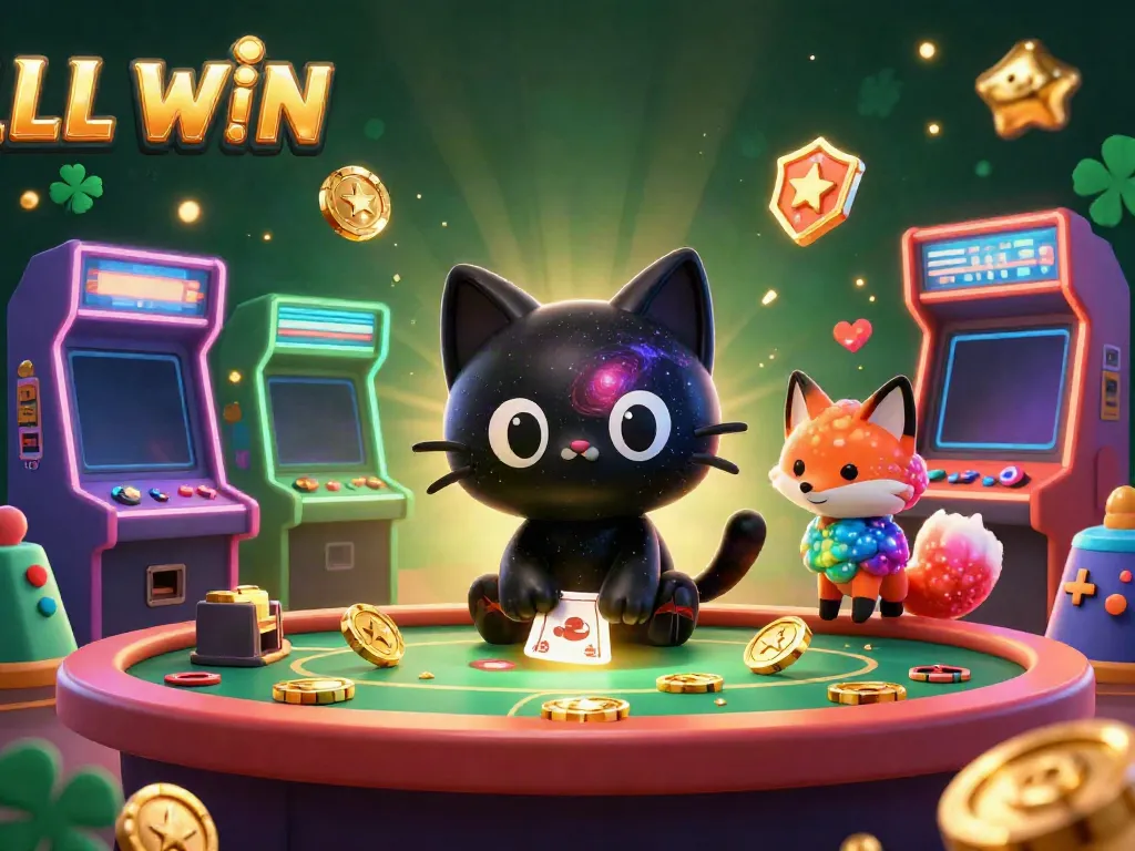 Experience LL WIN with playful cosmic characters and vibrant casino elements in an engaging 3D scene.