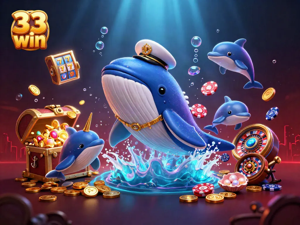 Experience 33 win excitement with a whale and dolphins in a vibrant casino undersea scene.