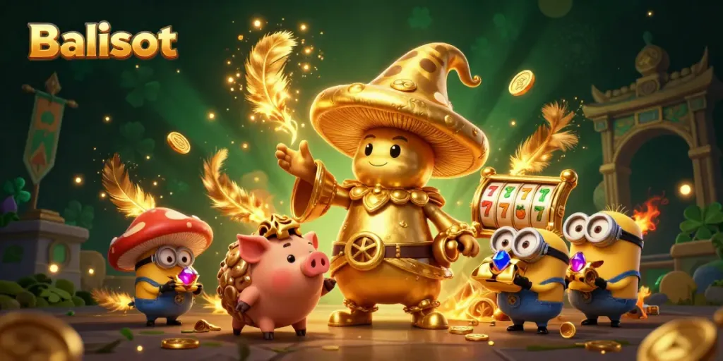 Experience the thrill of Balislot with a magical golden mushroom wizard spinning slot reels and a treasure-hunting truffle pig.