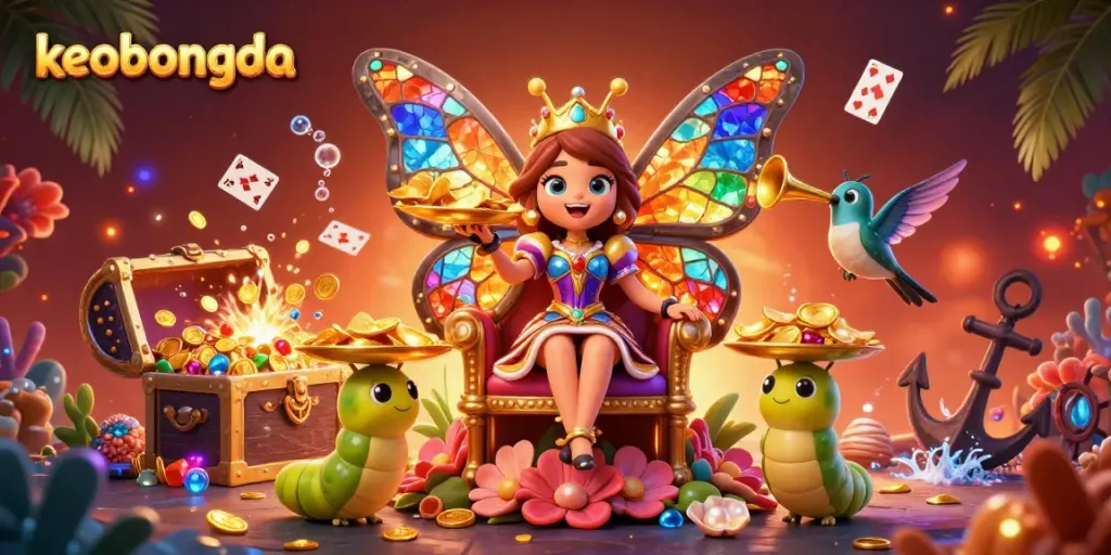 Engage with keobongda's colorful 3D butterfly queen illustration within a vibrant gambling-themed scene.