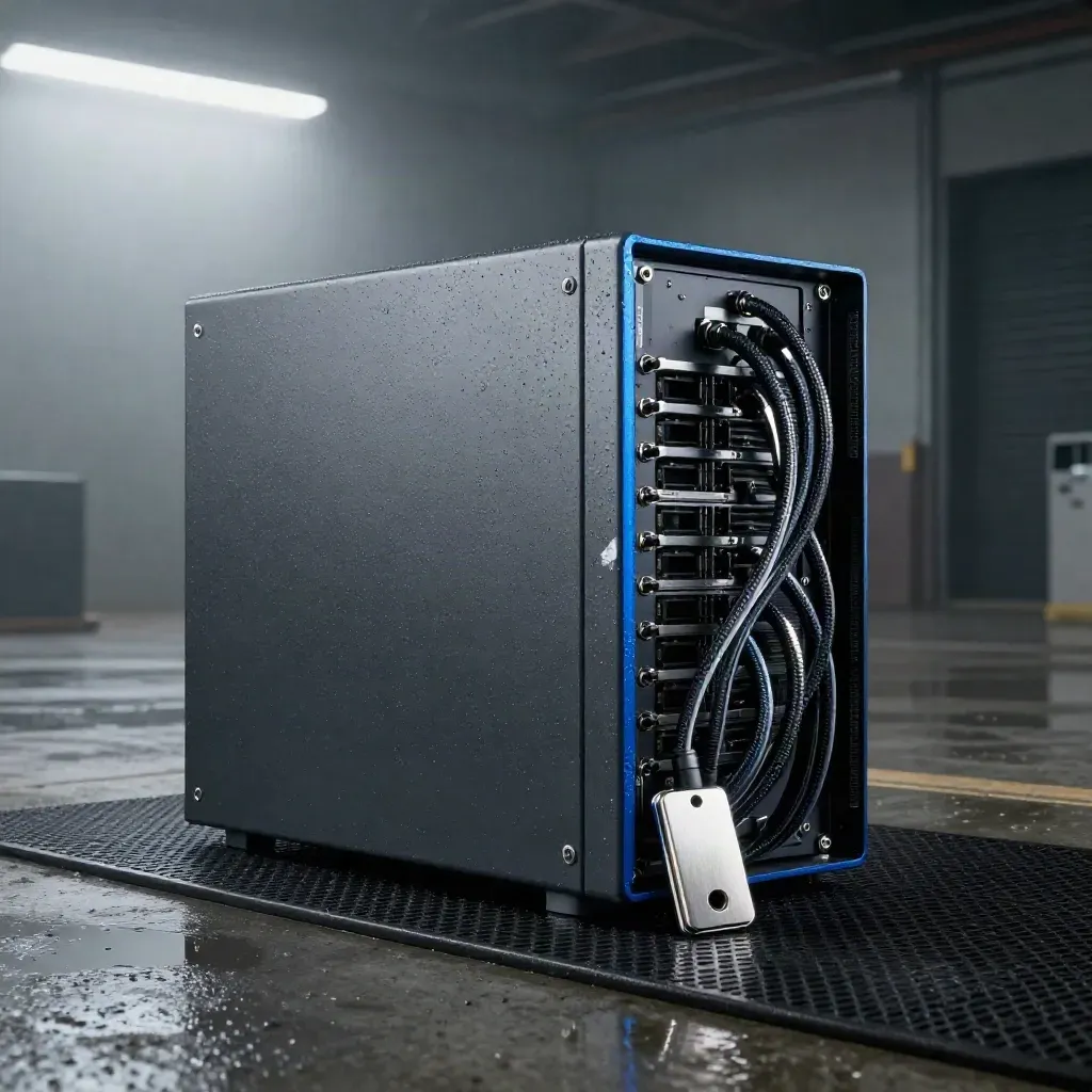 Graphite server chassis with fibre leads and a metal access token on a wet loading-bay floor at dawn.