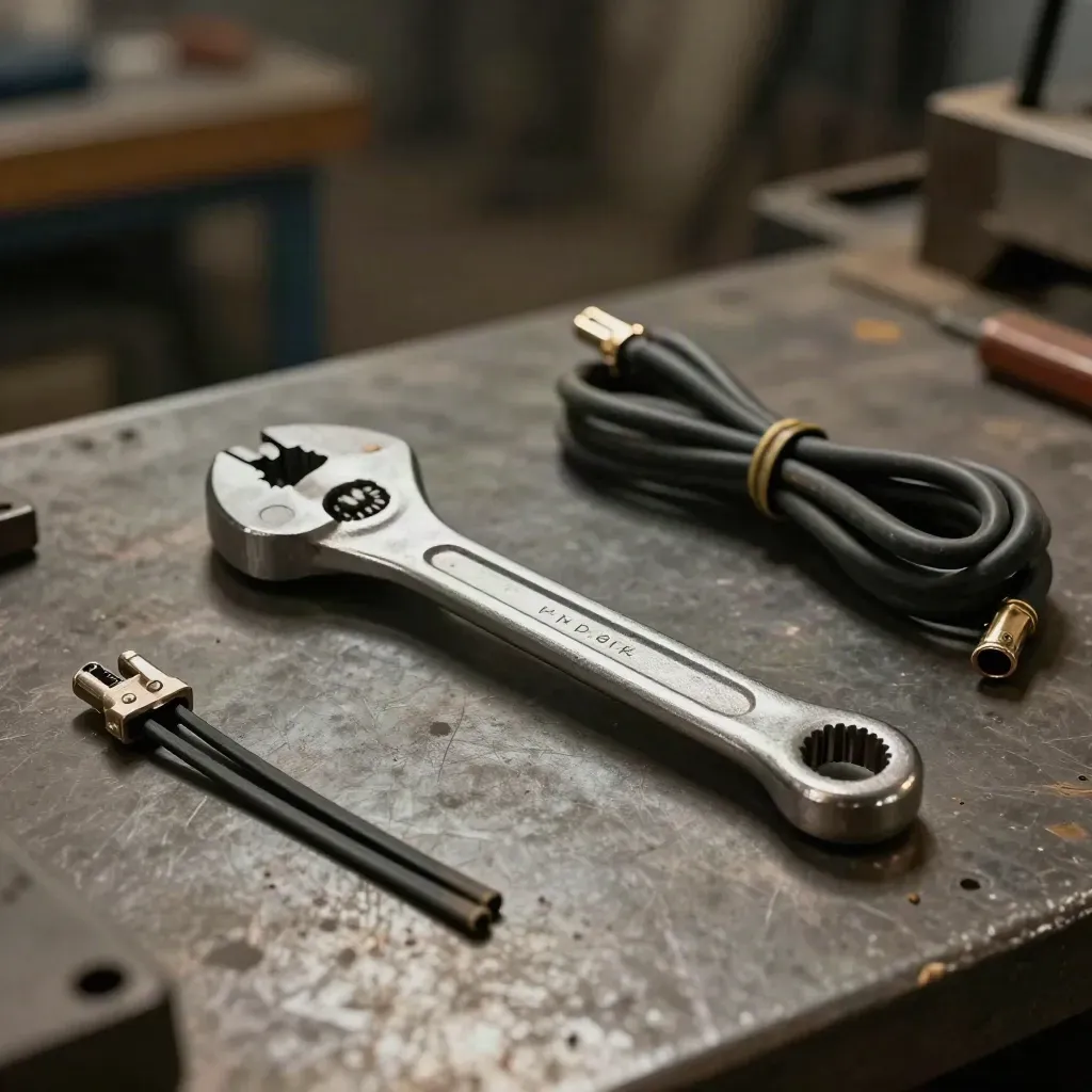Torque wrench, cable ties and coiled cord on a workshop bench in dramatic low light.
