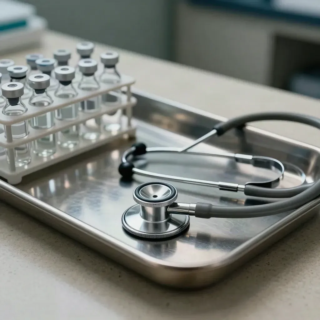 Stainless tray, vial rack and compact stethoscope on a clinic counter