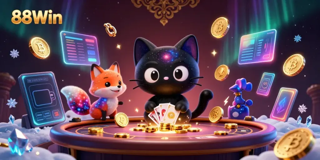 Experience the excitement of 88Win with a cosmic casino scene featuring a unique black hole cat attracting chips and cards.