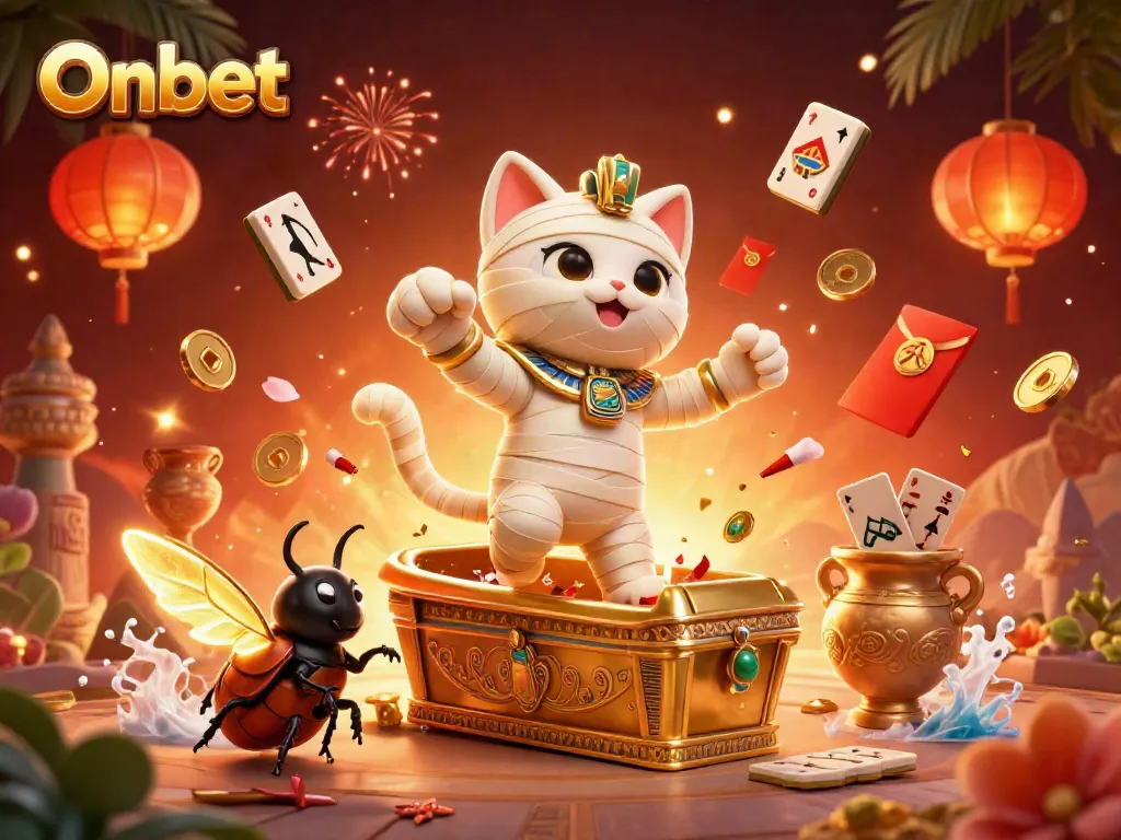 Engage with Onbet as the Egyptian mummy cat reveals treasures in an active casino scene.