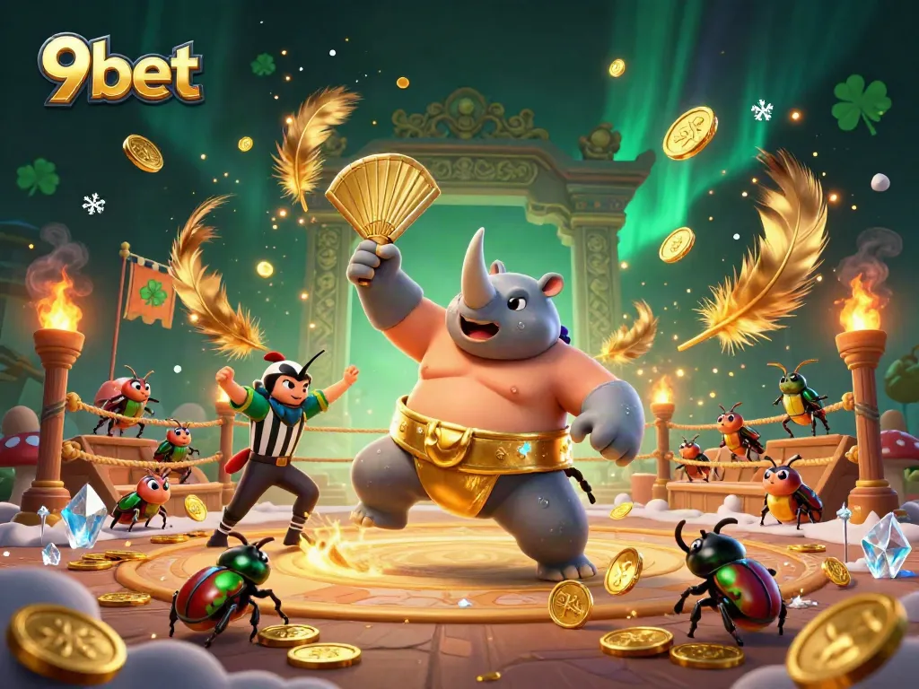 9bet showcases a thrilling online gaming scene with a rhinoceros beetle champion and dynamic elements.