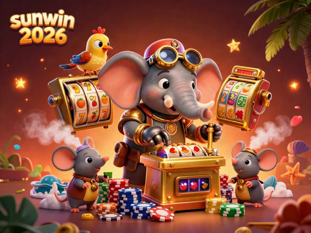Spin the sunwin 2026 slot machine with a whimsical steampunk elephant engineer and vibrant casino elements.