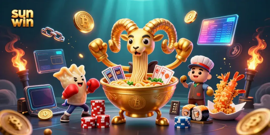 Engage in thrilling gameplay as the sun win bowl deals cards and chips in an energetic casino scene.