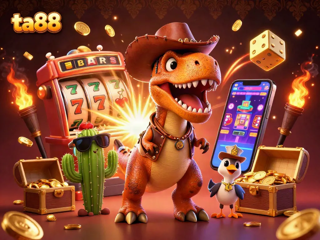 Engage with the ta88 casino adventure featuring a T-Rex cowboy, cactus, and roadrunner amid an explosive jackpot