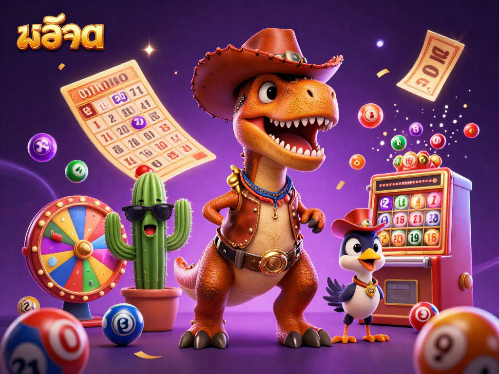 Engaging สล็อต scene with a cowboy dinosaur, cactus friend, and roadrunner amid lottery action.