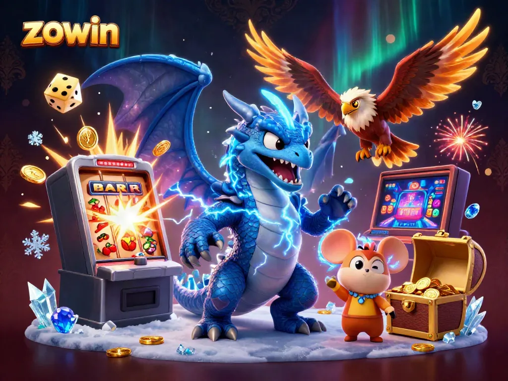 Win big with zowin as a powerful dragon, fierce hawk, and thunder mouse animate a thrilling casino scene.