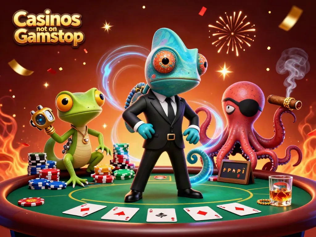Experience excitement at Casinos not on Gamstop with a colorful poker showdown scene featuring a chameleon and friends.