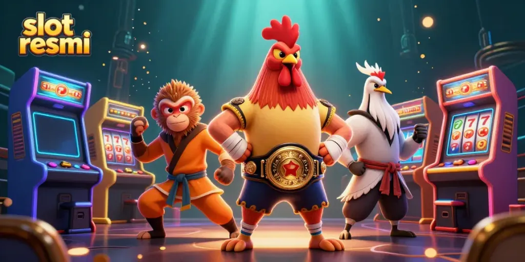 Experience slot resmi with a fierce Muay Thai rooster, Shaolin monkey, and crane master in a vibrant casino scene.
